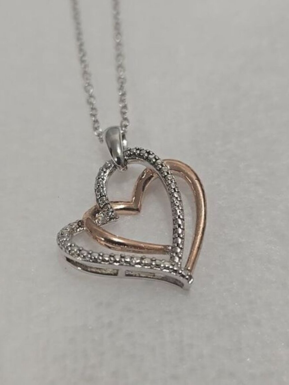 Sterling Silver and Rose Gold Heart Pendant With Diamond Necklace